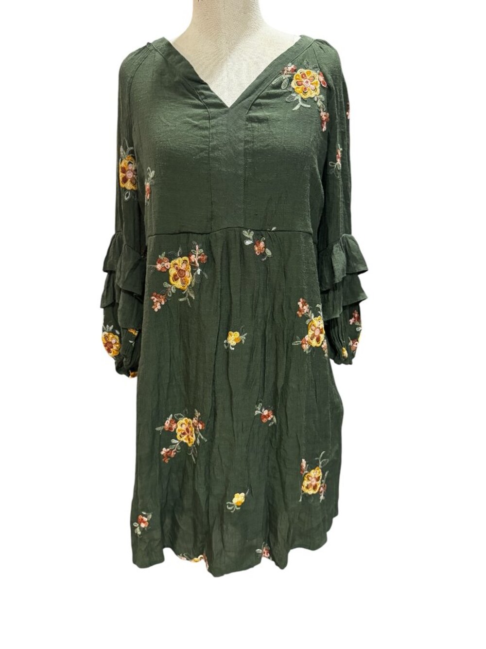 Fig & Flower Embroidered Boho Midi Dress Green Floral Ruffle Sleeve Large - Picture 2 of 7